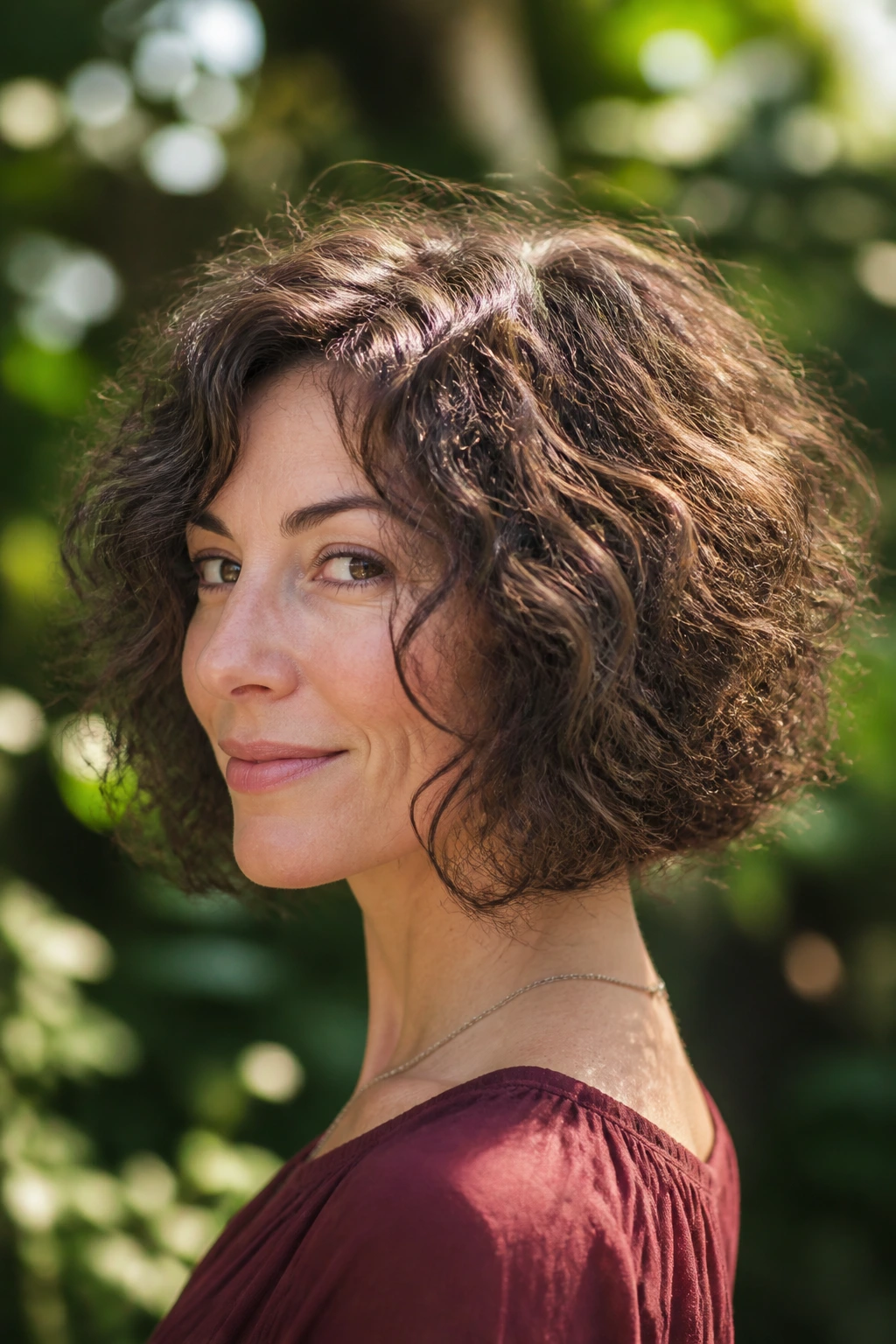 Close-up portrait of a real woman with curly graduated bob for fine hair outdoors