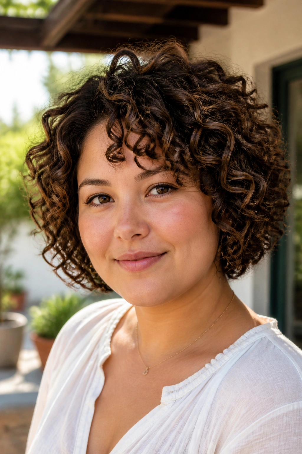 Close-up of woman with curly graduated bob on round face in natural light