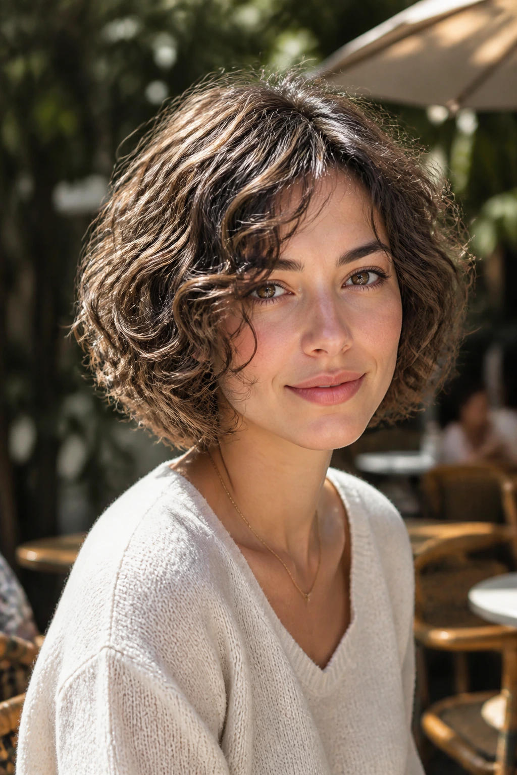 Real woman with curly waves in a graduated bob, showcasing natural texture.