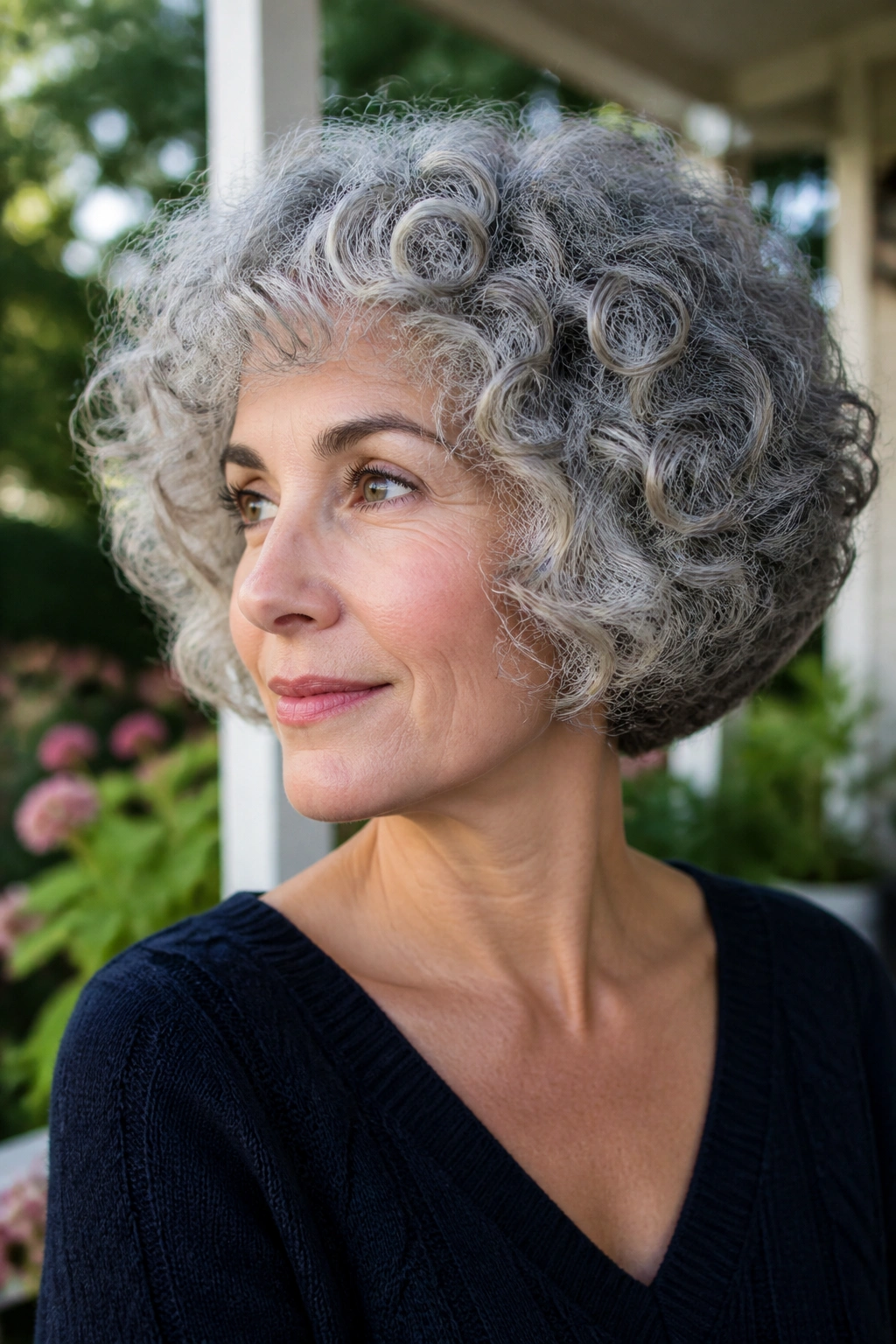 Portrait of a woman with a rounded curly gray bob in natural light.