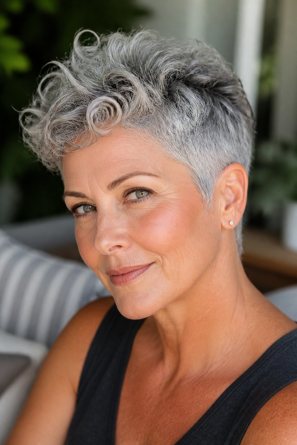 Close-up of a real person with a curly gray crop and crown height.