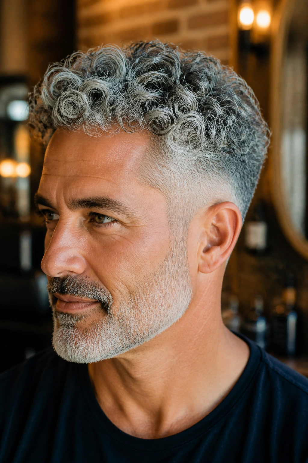 Close-up of man with curly gray hair tapered on the sides
