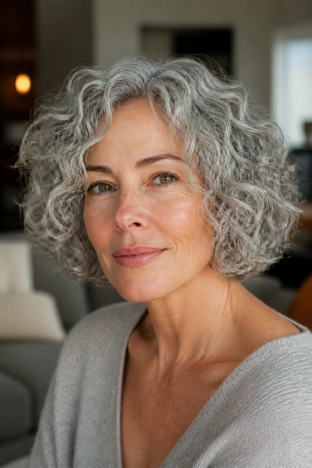 Close-up portrait of a real woman with a curly grey bob under soft window light