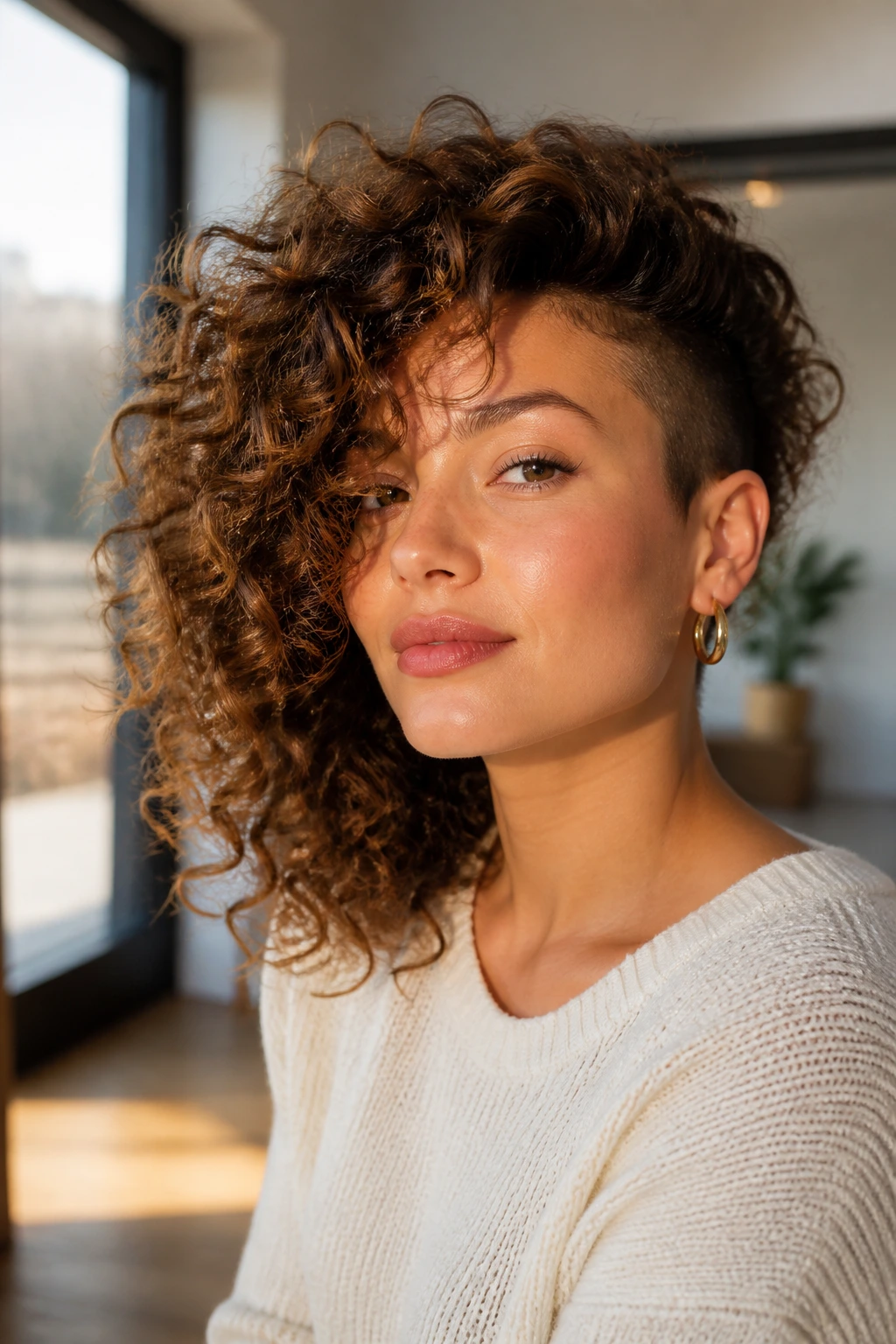 Portrait of a real woman with voluminous curly asymmetrical cut and shorter side