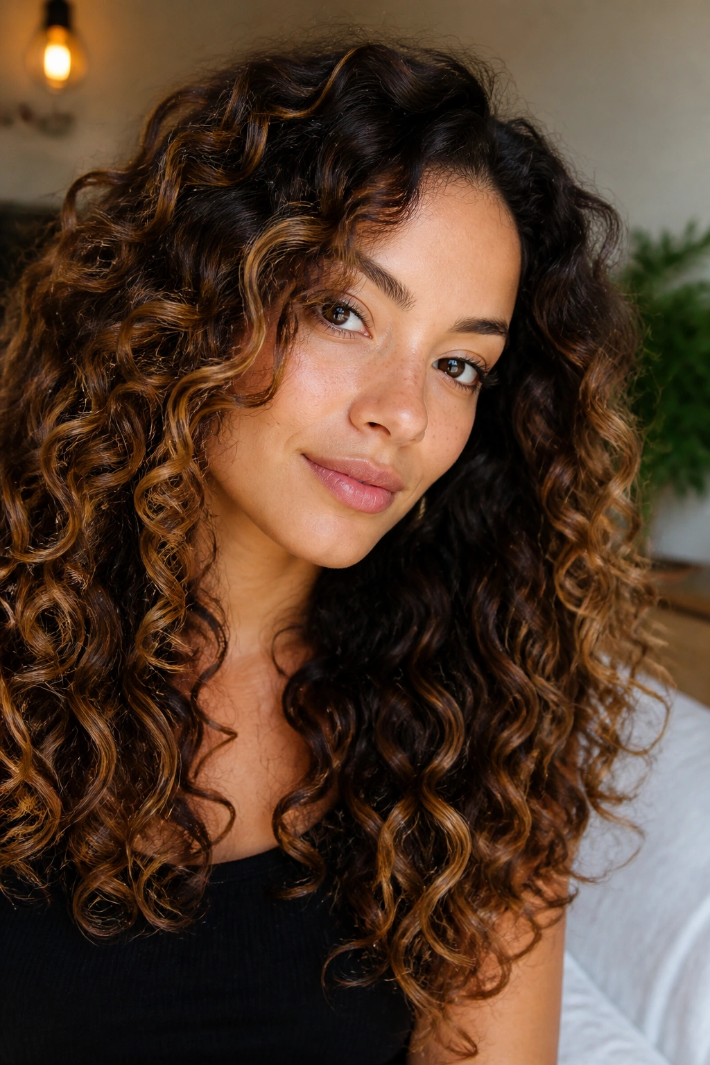 Close-up of a real woman with curly brown hair featuring golden caramel balayage highlights.