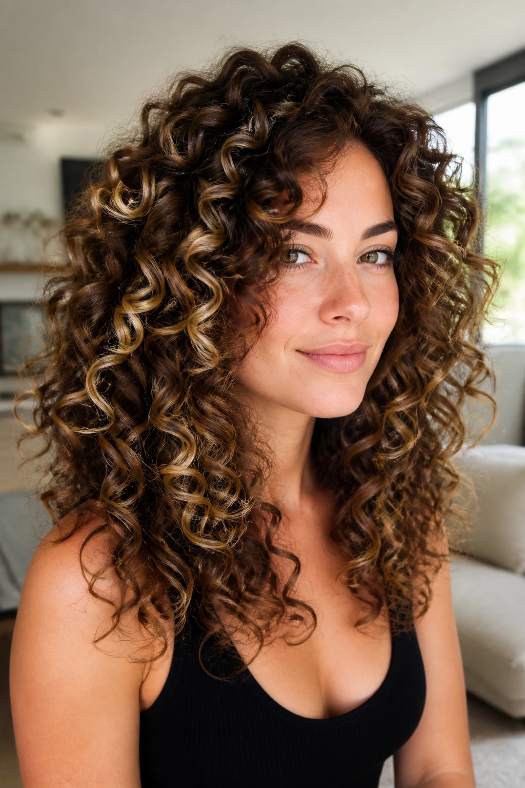 Close-up of curly brown hair with scattered blonde ribbons on a real person.
