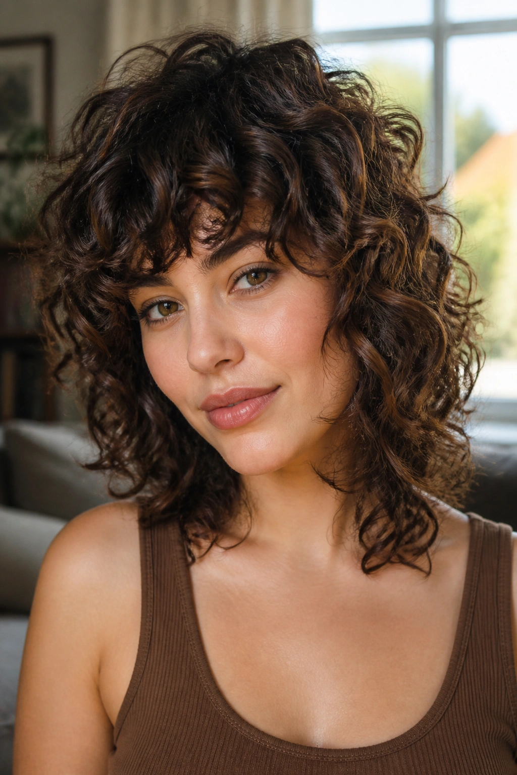 Close-up portrait of a real woman with curly brown shag hairstyle, curls framing the face in warm natural light.