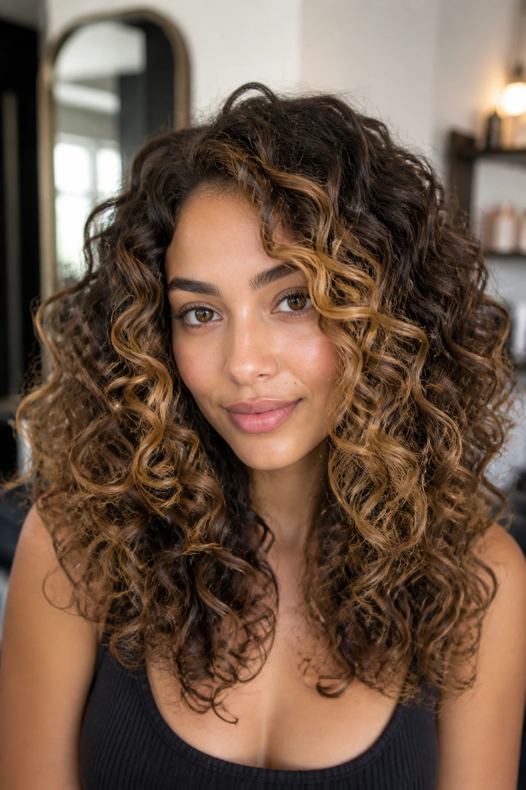 Close-up of curly brown hair with wide caramel panels on a real woman in a sunlit salon