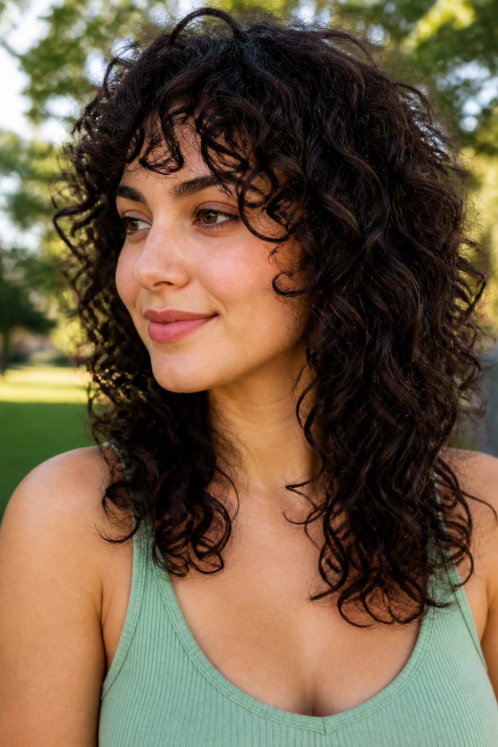 Close-up of a real woman with curly hair and choppy layers