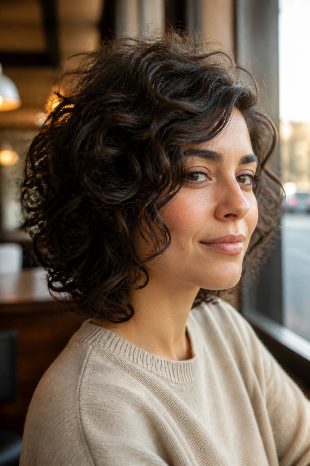Close-up of a real woman with curly side shag and crown lift in sunlit cafe