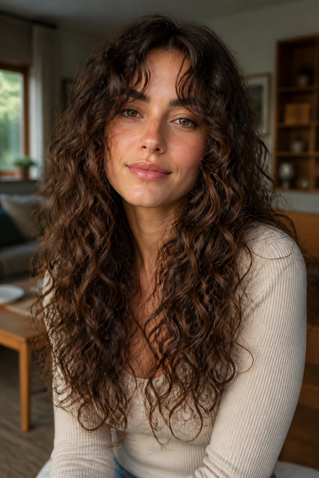 Close-up of a real person with long curls and curtain bangs blending softly