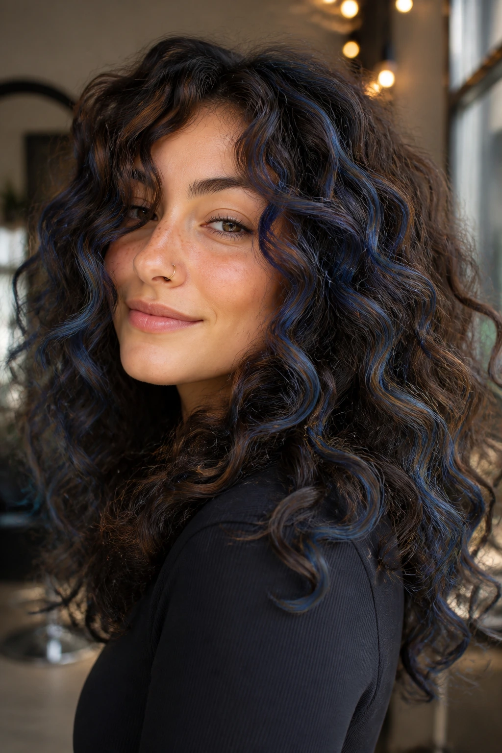 Close-up of curly brown hair with denim blue babylights on a real woman in a salon