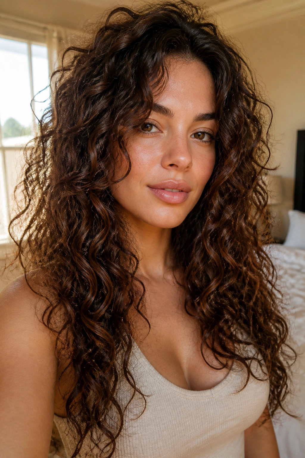 Close-up portrait of a real woman with long curly hair and face-framing front layers