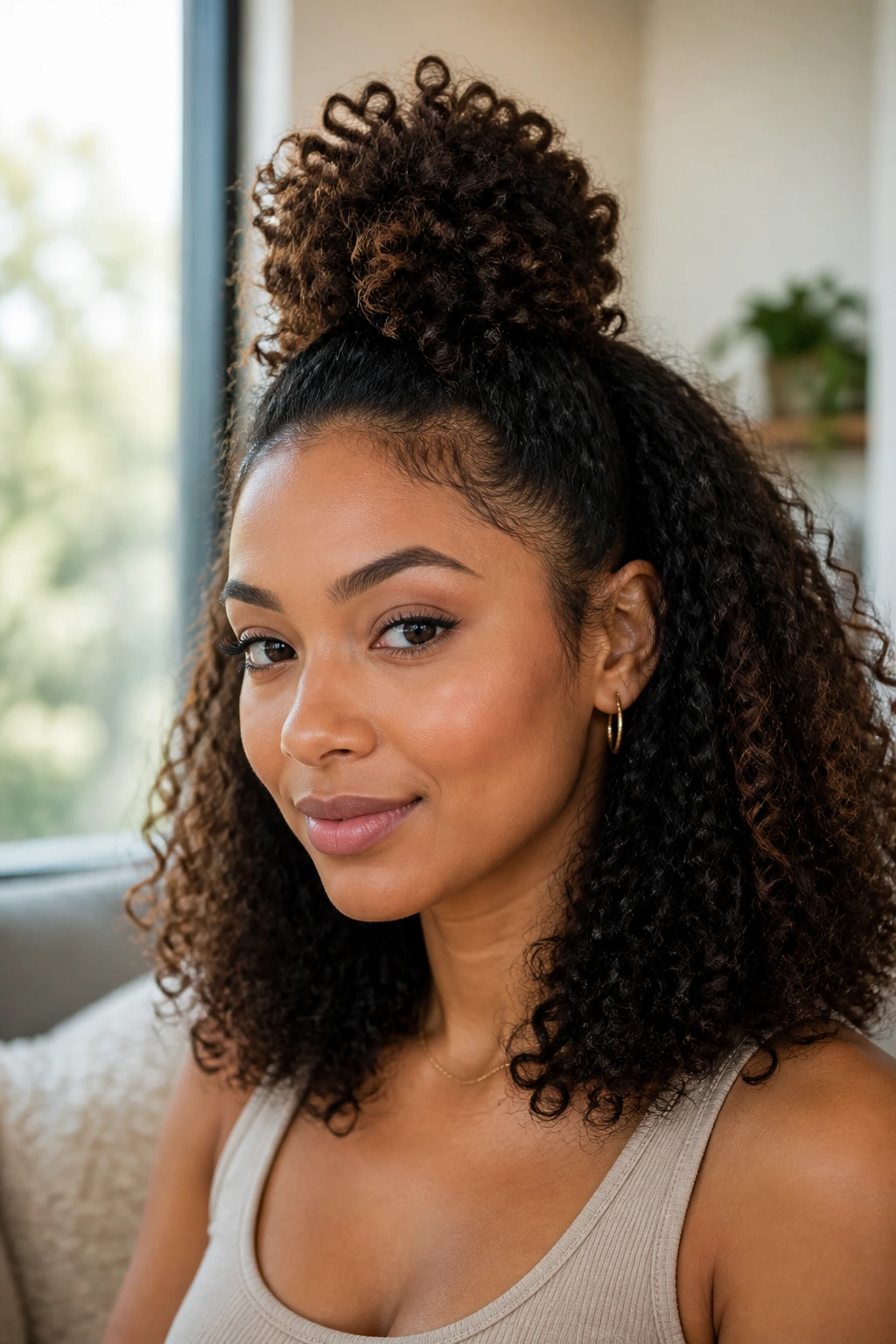 Close-up of a real person with half-up half-down puff hairstyle
