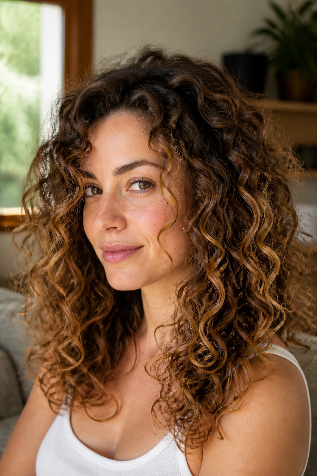 Close-up of curly brown hair with honey blonde highlights following curl pattern