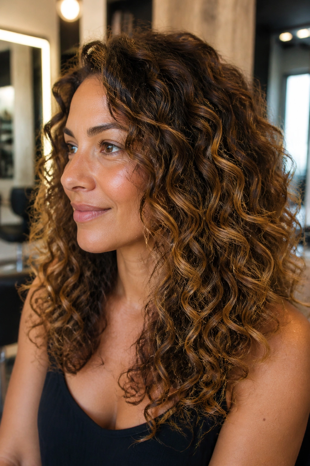 Close-up of curly brown hair with honey highlights on the outer curls