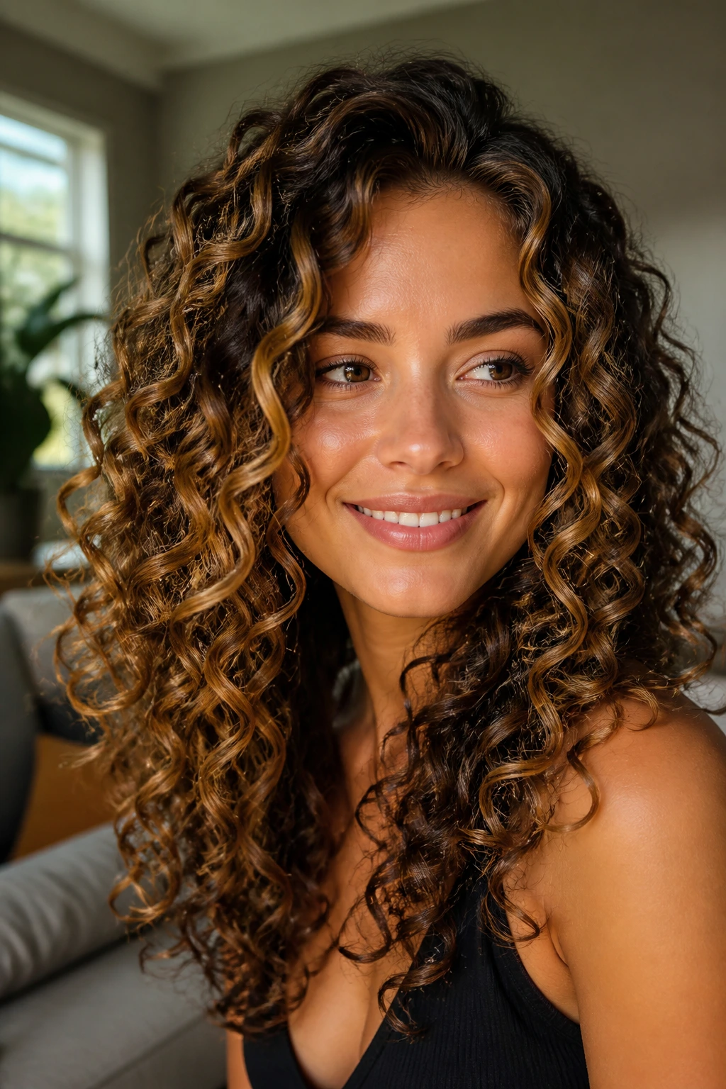 Close-up of a real woman with curly brown hair and golden honey highlights on the outer curls