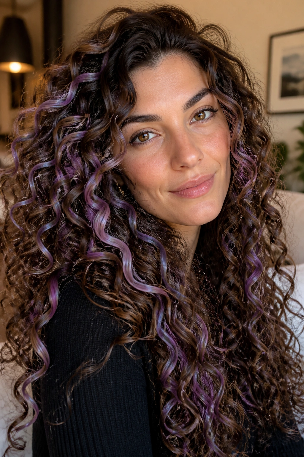 Curly long hair with lavender ribbon highlights on a real person