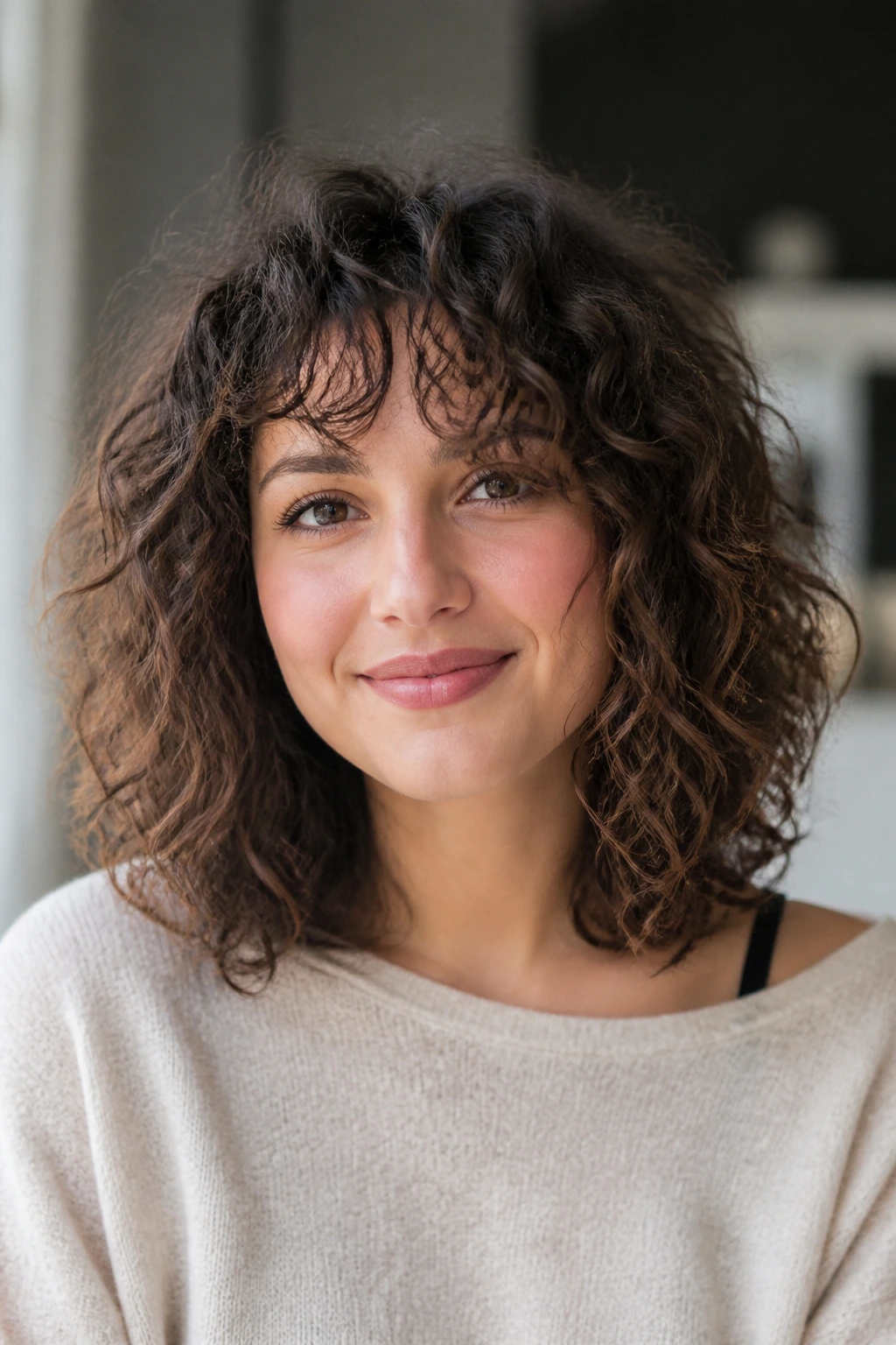 Close-up portrait of a real woman with curly shoulder-length hair layered to lift volume