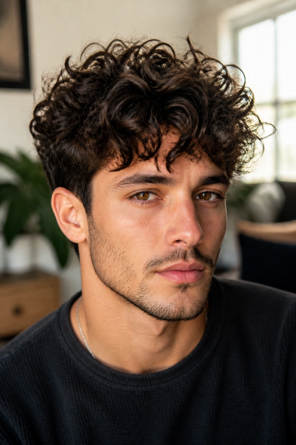 Close-up portrait of a real person with curly top-layer curls and lifted crown