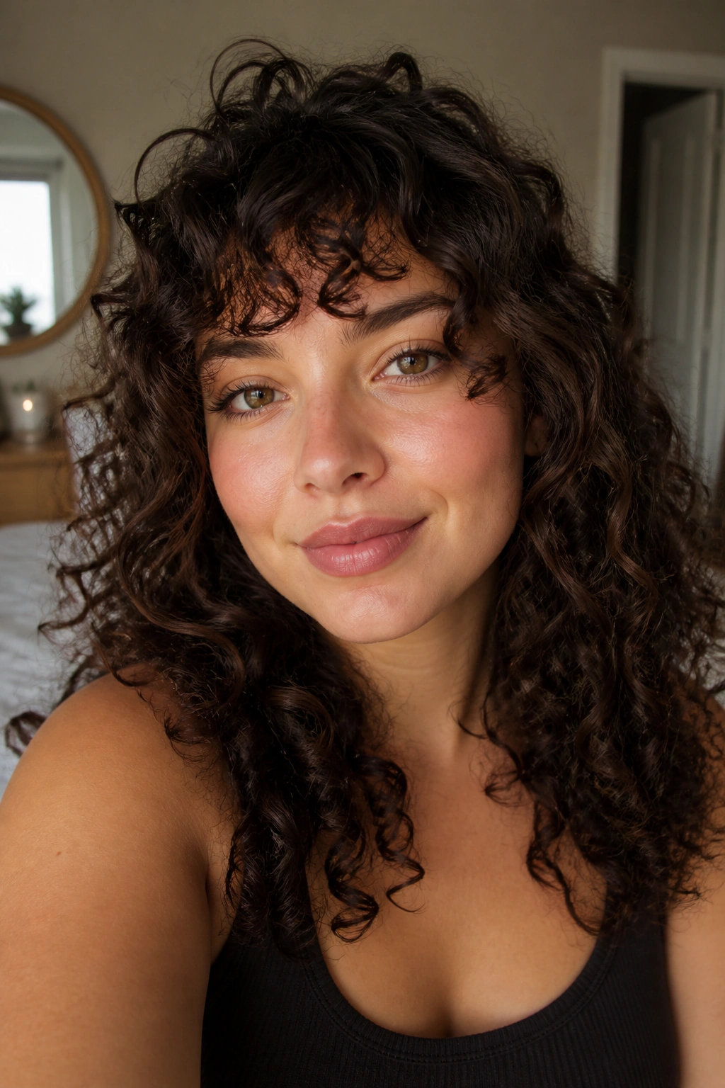 Close-up portrait of a real woman with curly layered hair framing the cheeks