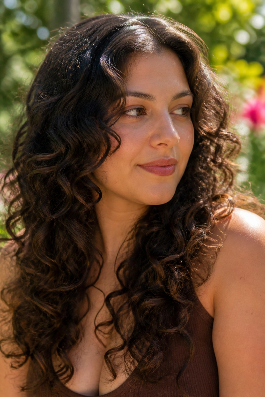 Close-up of real woman with curly long layers on round face, curls stacking, outdoor light