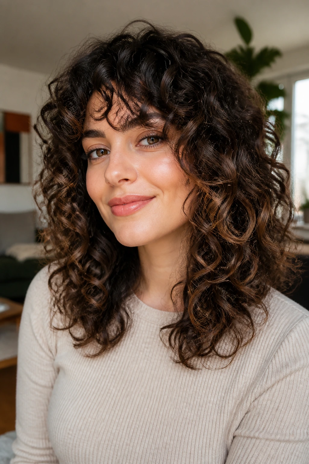 Close-up portrait of a real woman with curly long layers for a round face in soft window light