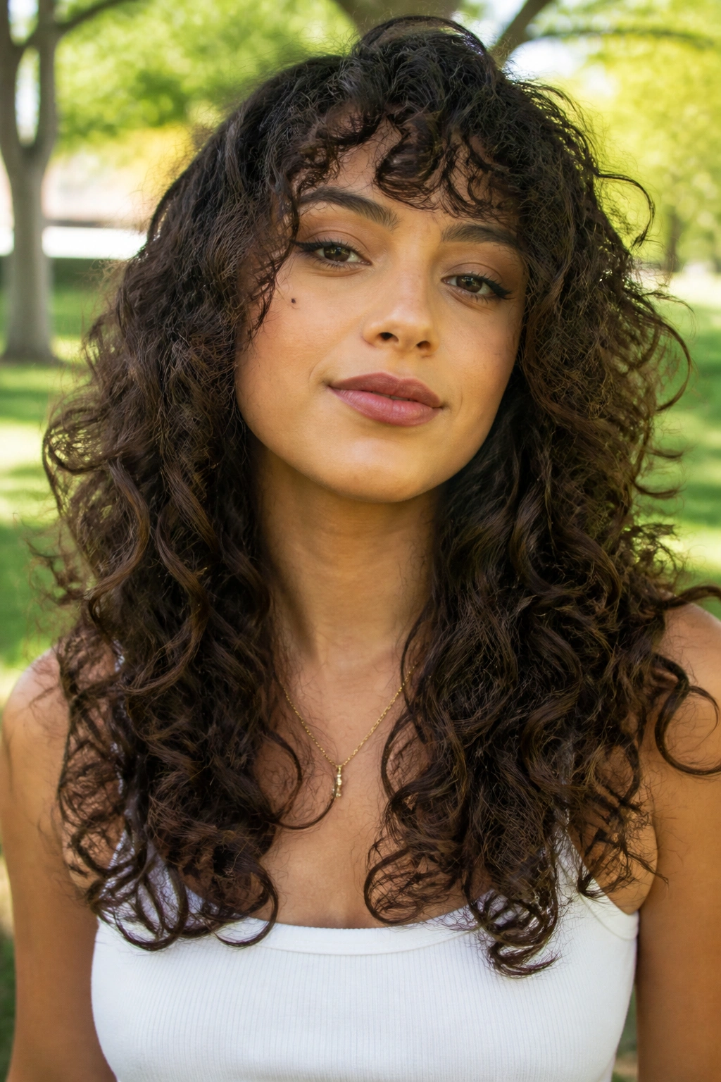 Close-up of a real woman with curly long layers that keep width down.