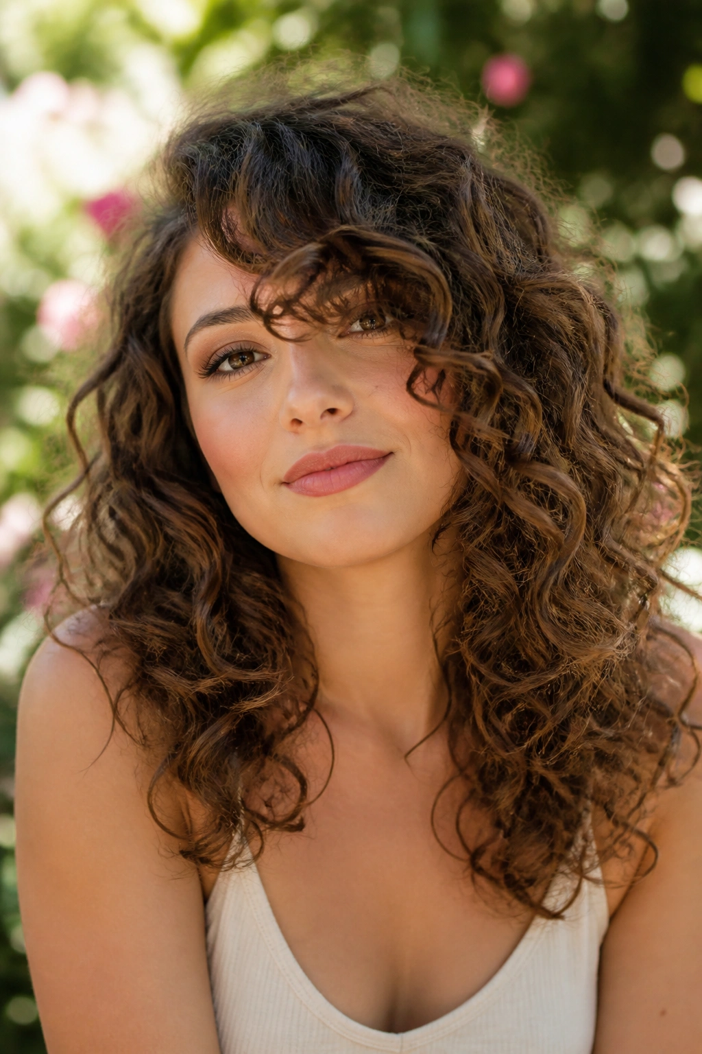 Close-up of a real woman with long side bangs for curly hair.