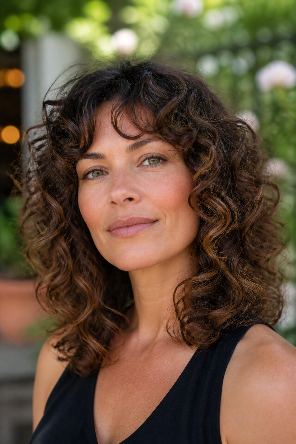 Real woman with shoulder-length curls and balanced ends