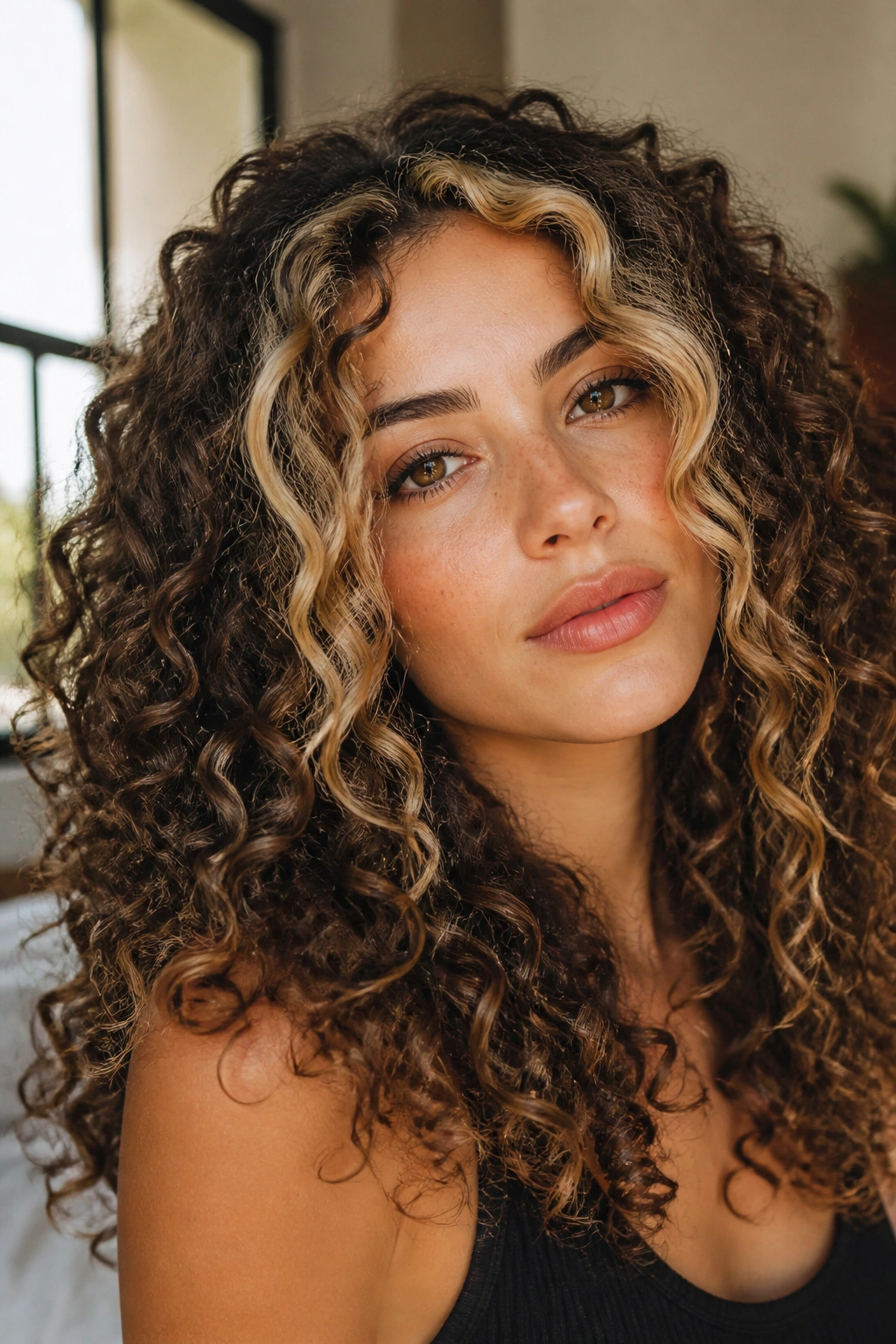 Close-up of curly brown hair with chunky front highlights framing the face.