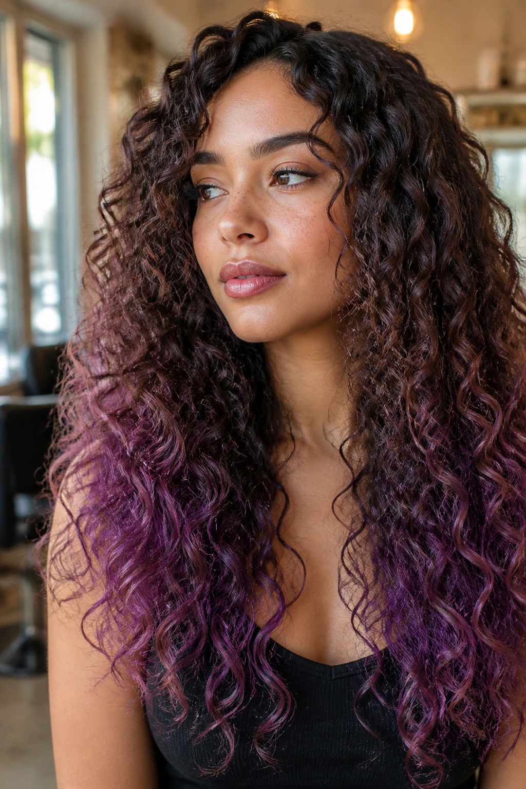 Close-up portrait of a real woman with curly brown-to-purple ombre hair