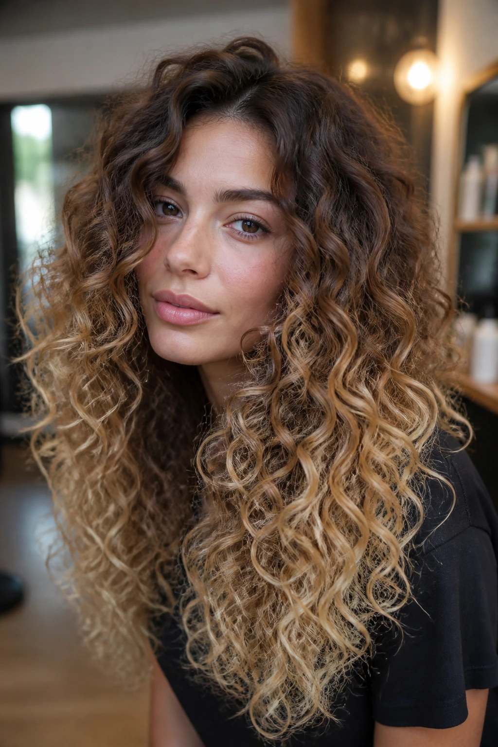 Close-up of curly hair ombre from walnut brown to wheat blonde on a real woman