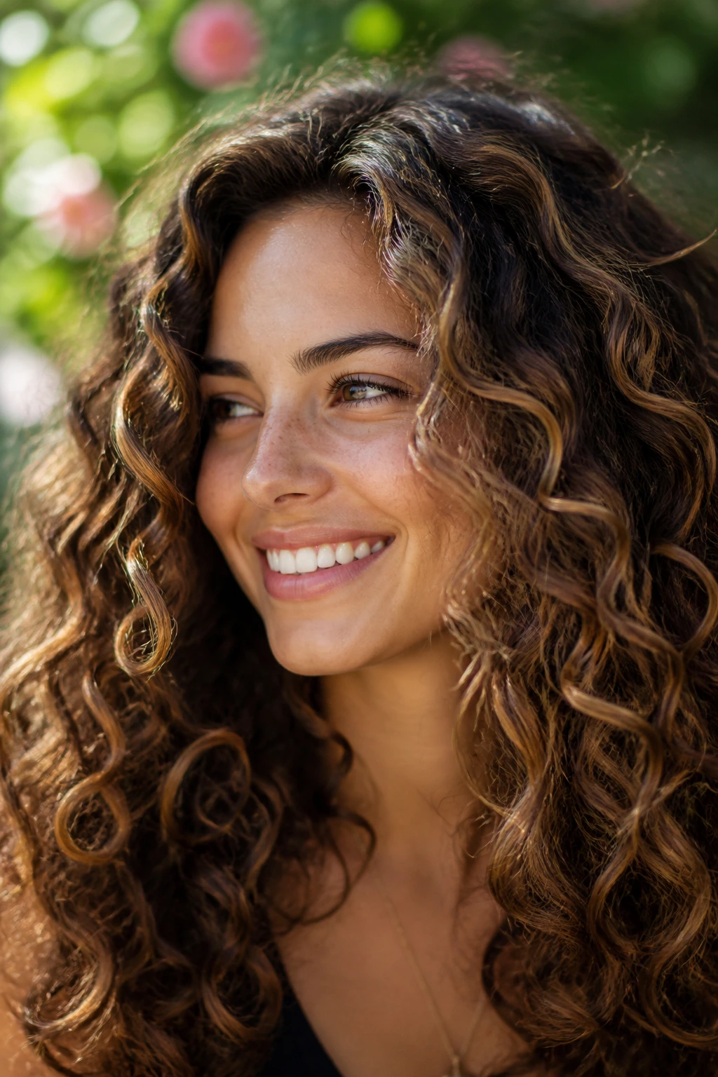 Close-up of a woman with curly brown hair and ribbon-like highlights around the face