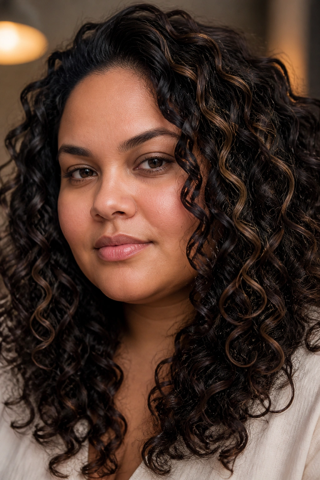 Close-up of a real woman with curly hair and black ribbon highlights