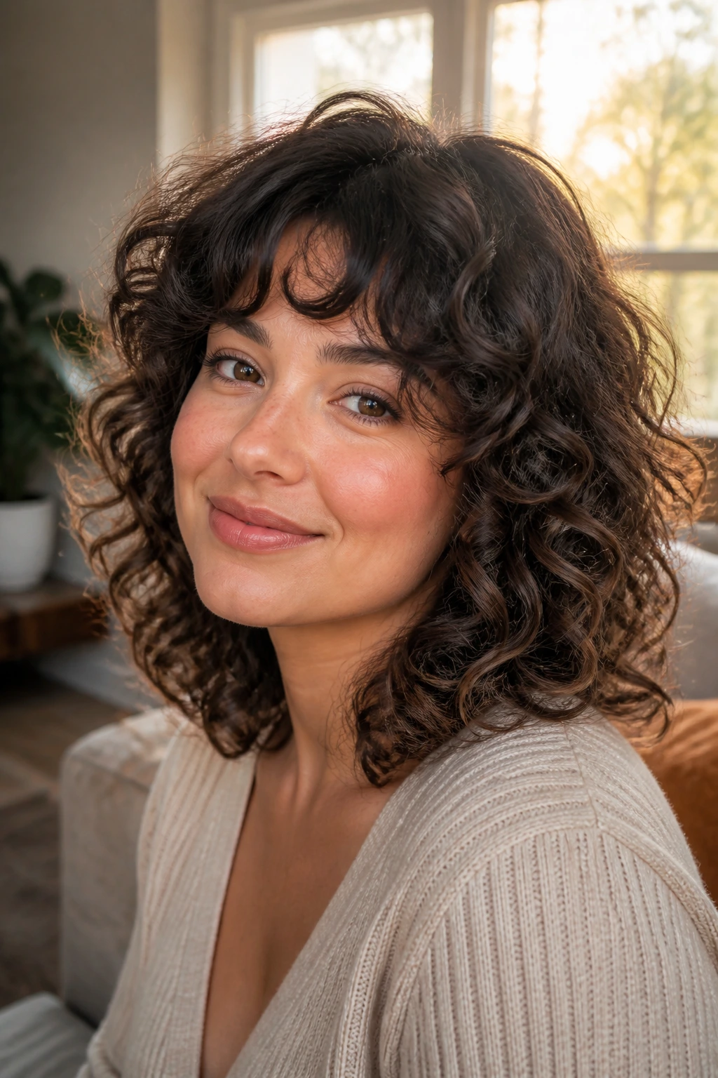 Close-up portrait of a real woman with curly mid-length hair and rounded layers