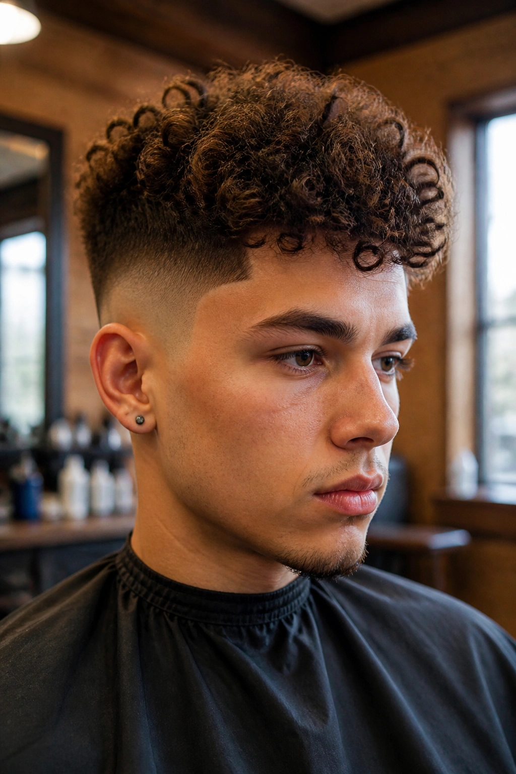 Close-up of a real person with curly top and clean shaved sides, high-contrast hairstyle