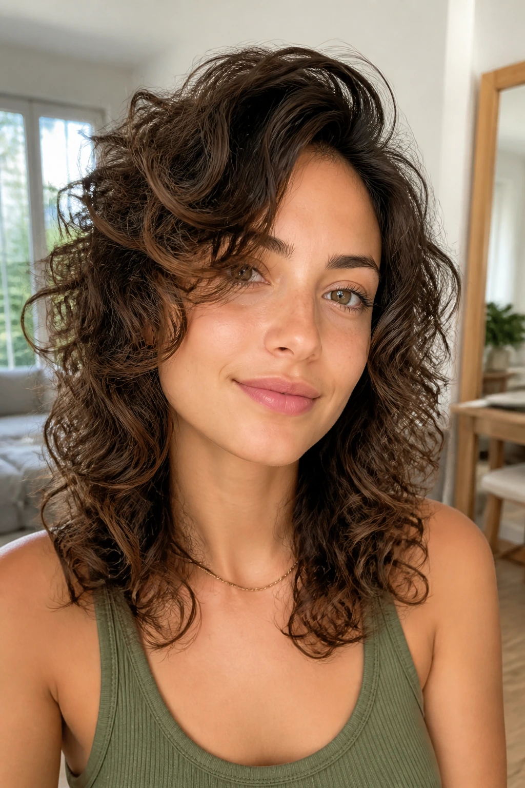 Close-up of a real person with side-part curly shag hairstyle and crown lift