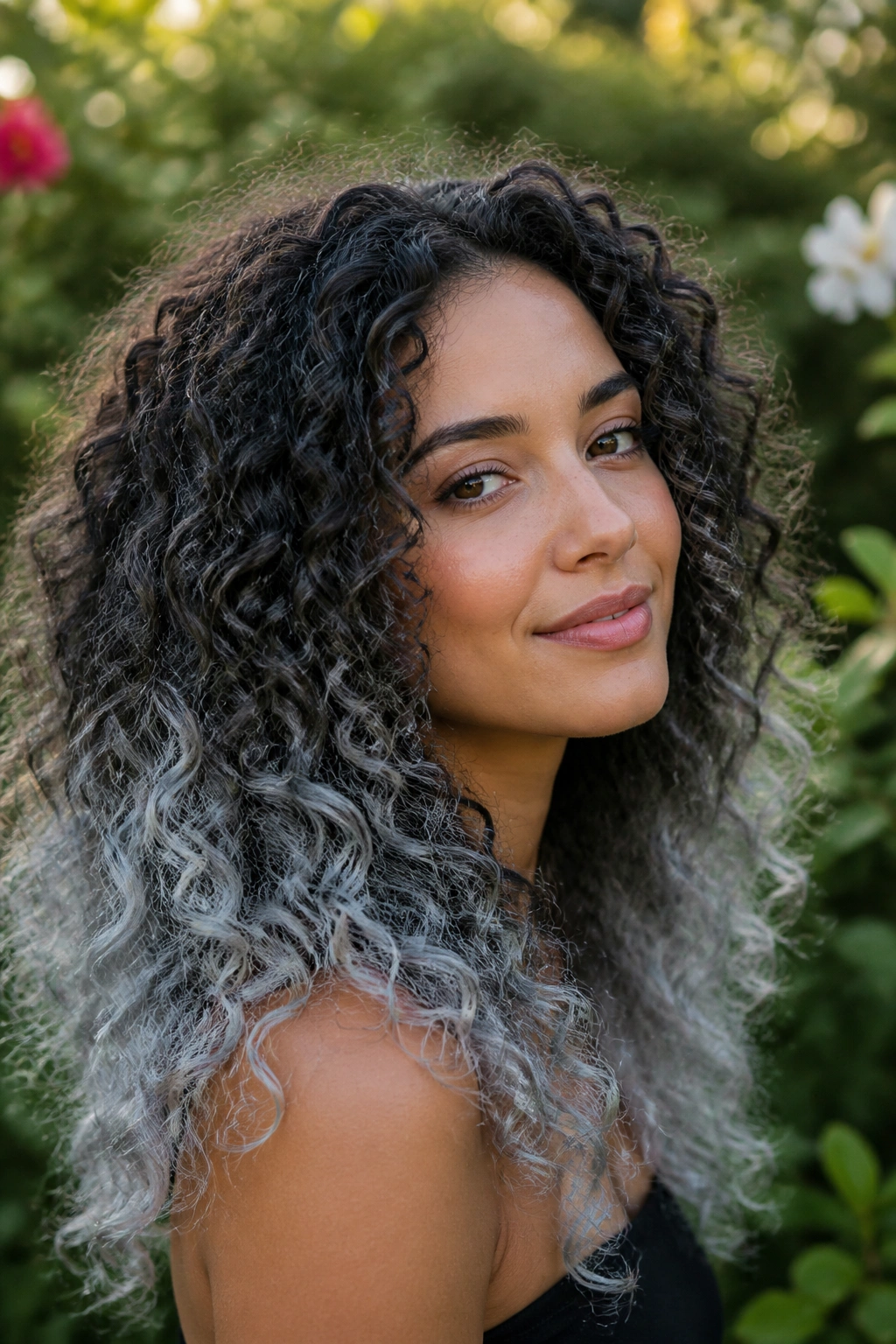 Close-up of a real woman with curly hair ending in silver ombre