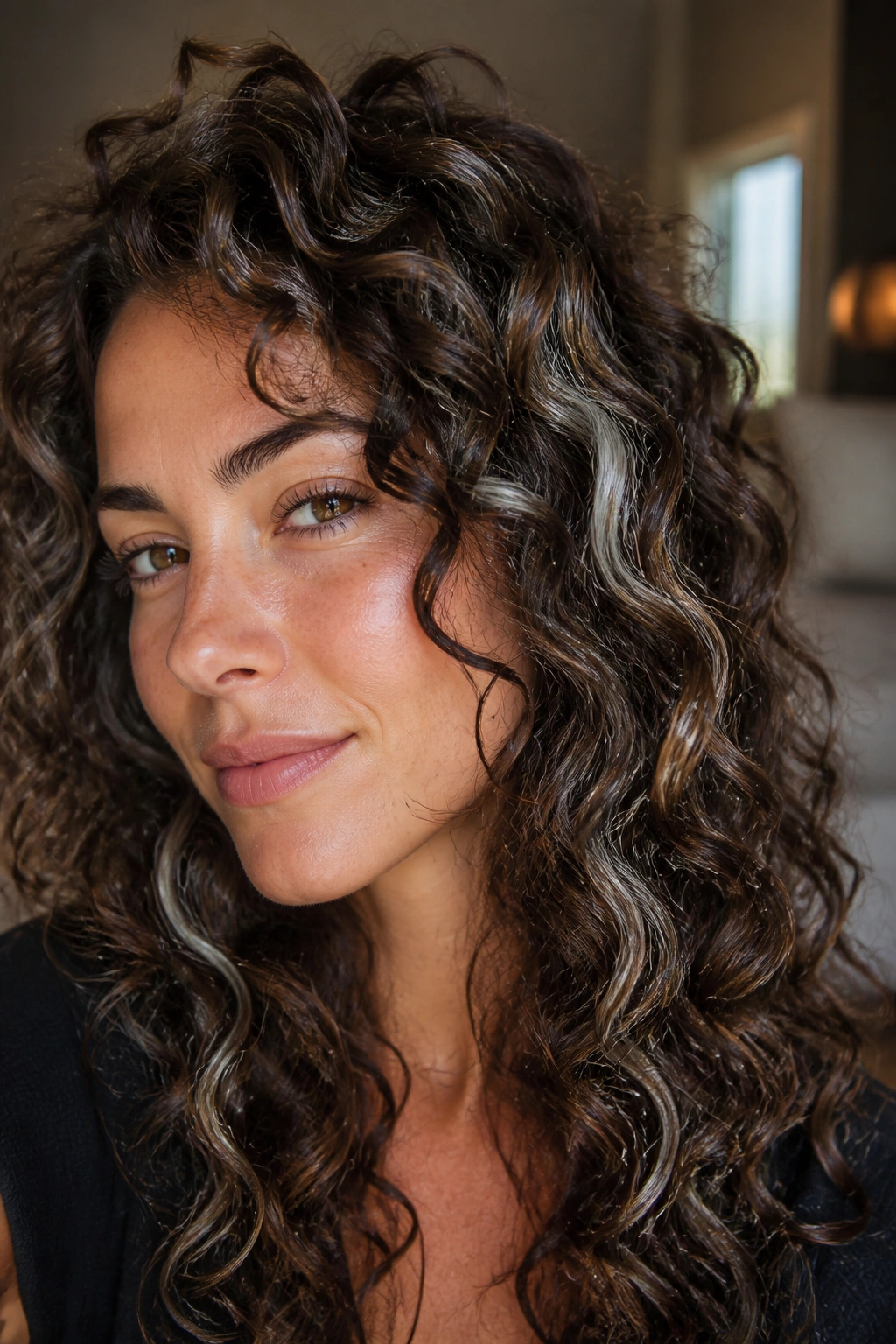 Close-up of curly brown hair with scattered silver ribbons on a real woman