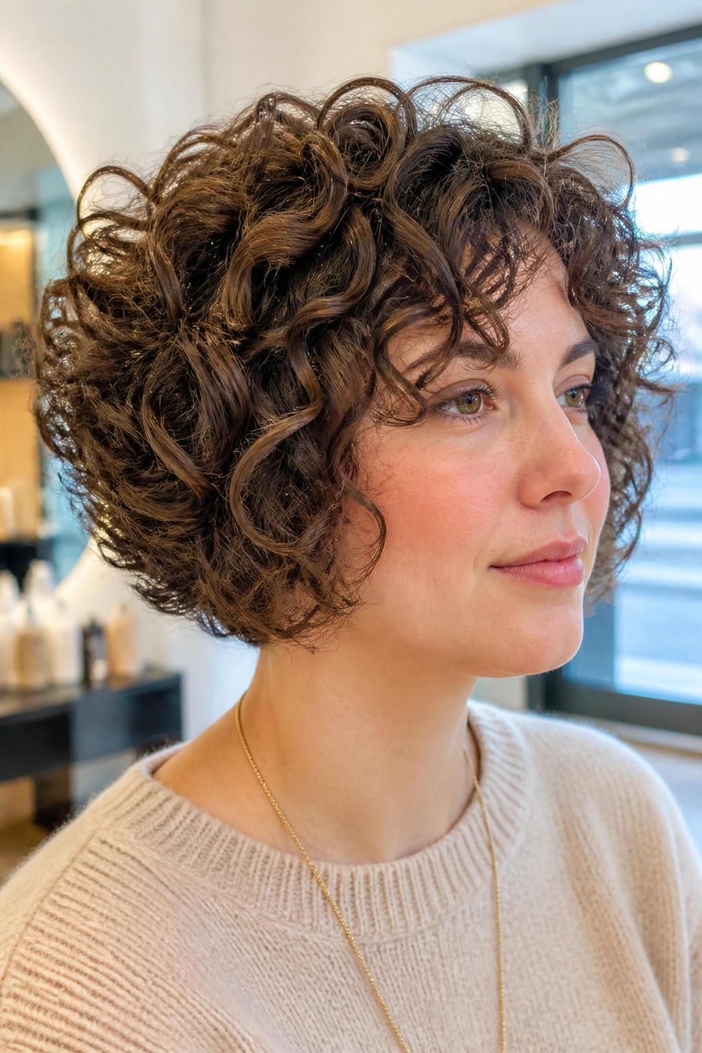 Close-up of a real woman with curly stacked bob and airy layers