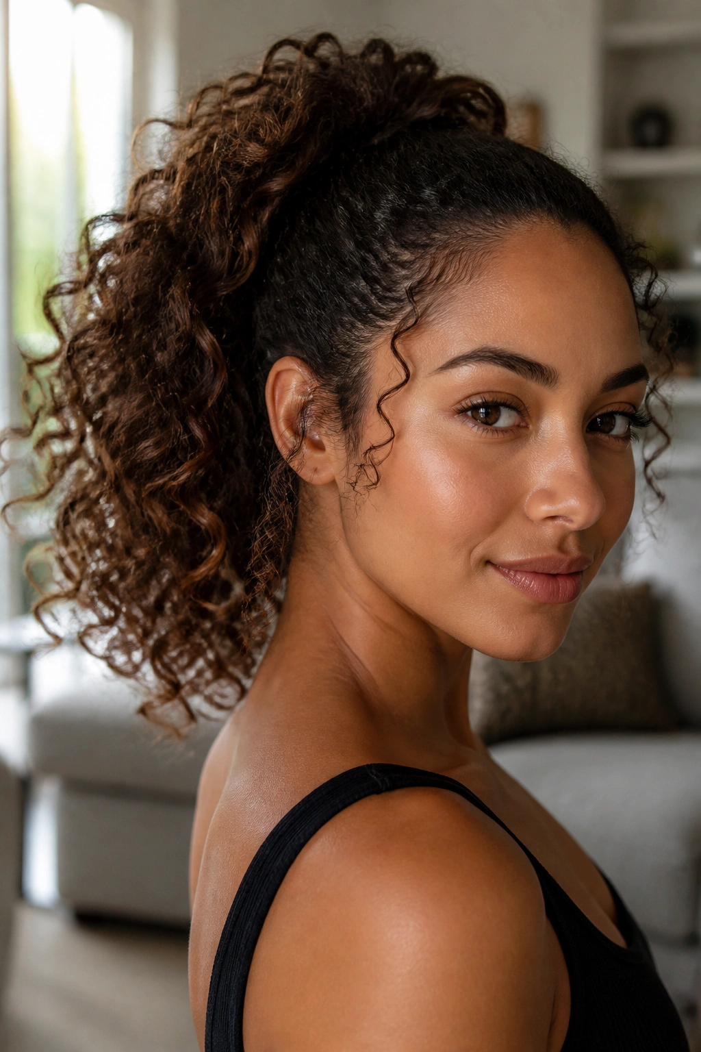 Close-up of a real woman with a curly ponytail for thick hair and crown lift