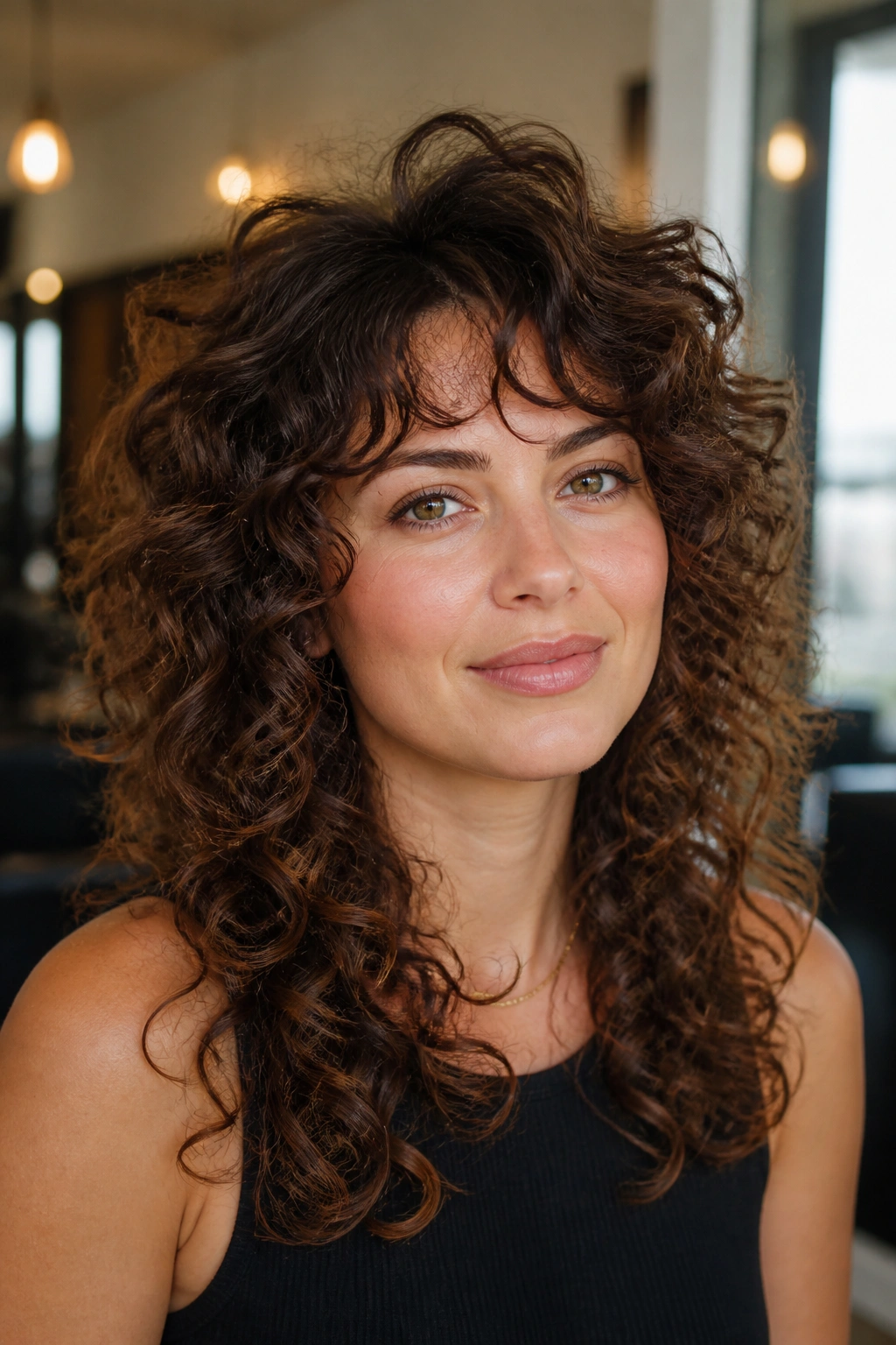 Close-up of a woman with curly layered crown lift haircut in warm salon light