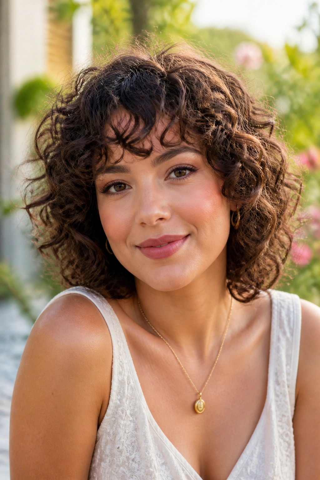 Close-up of a real woman with curly halo bangs in outdoor light