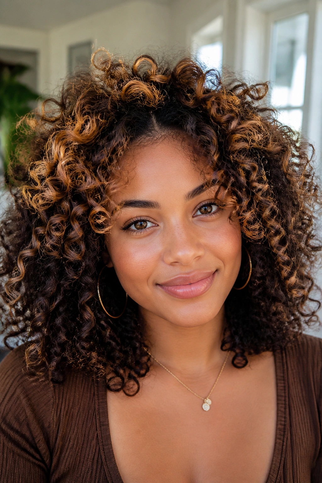 Close-up of real woman's curly hair with a caramel halo around the crown