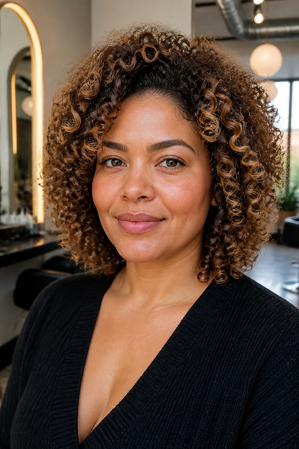 Close-up of curly halo highlights around a round face with caramel tones on the crown