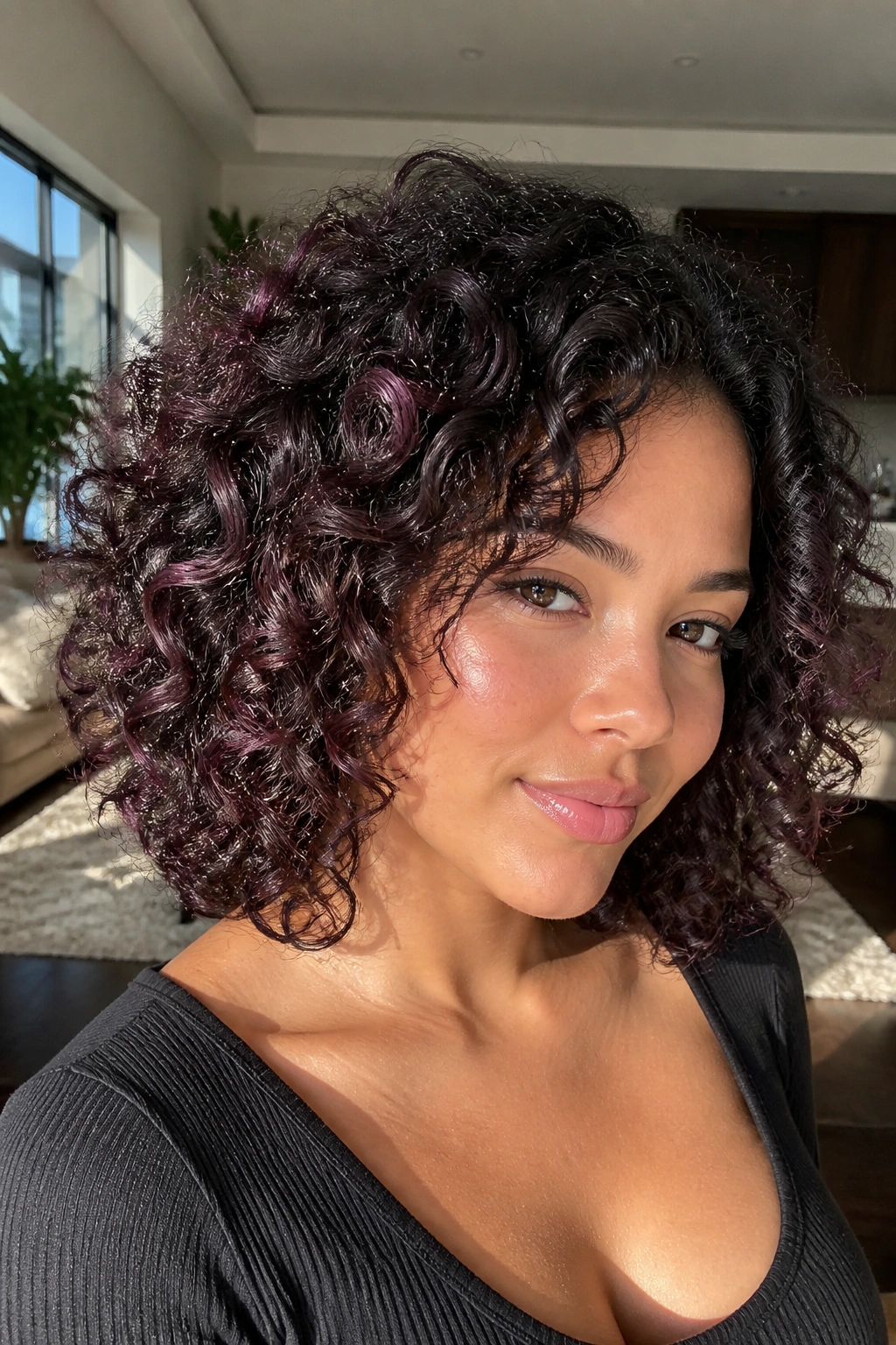 Close-up portrait of a woman with curly hair and halo highlights in purple brown
