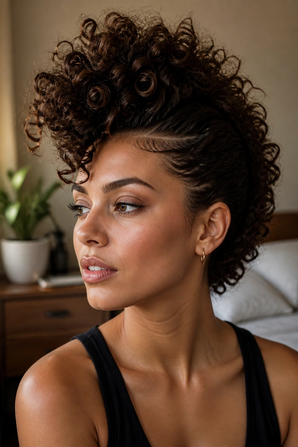 Close-up of a real person with curly faux hawk hairstyle in a softly lit bedroom