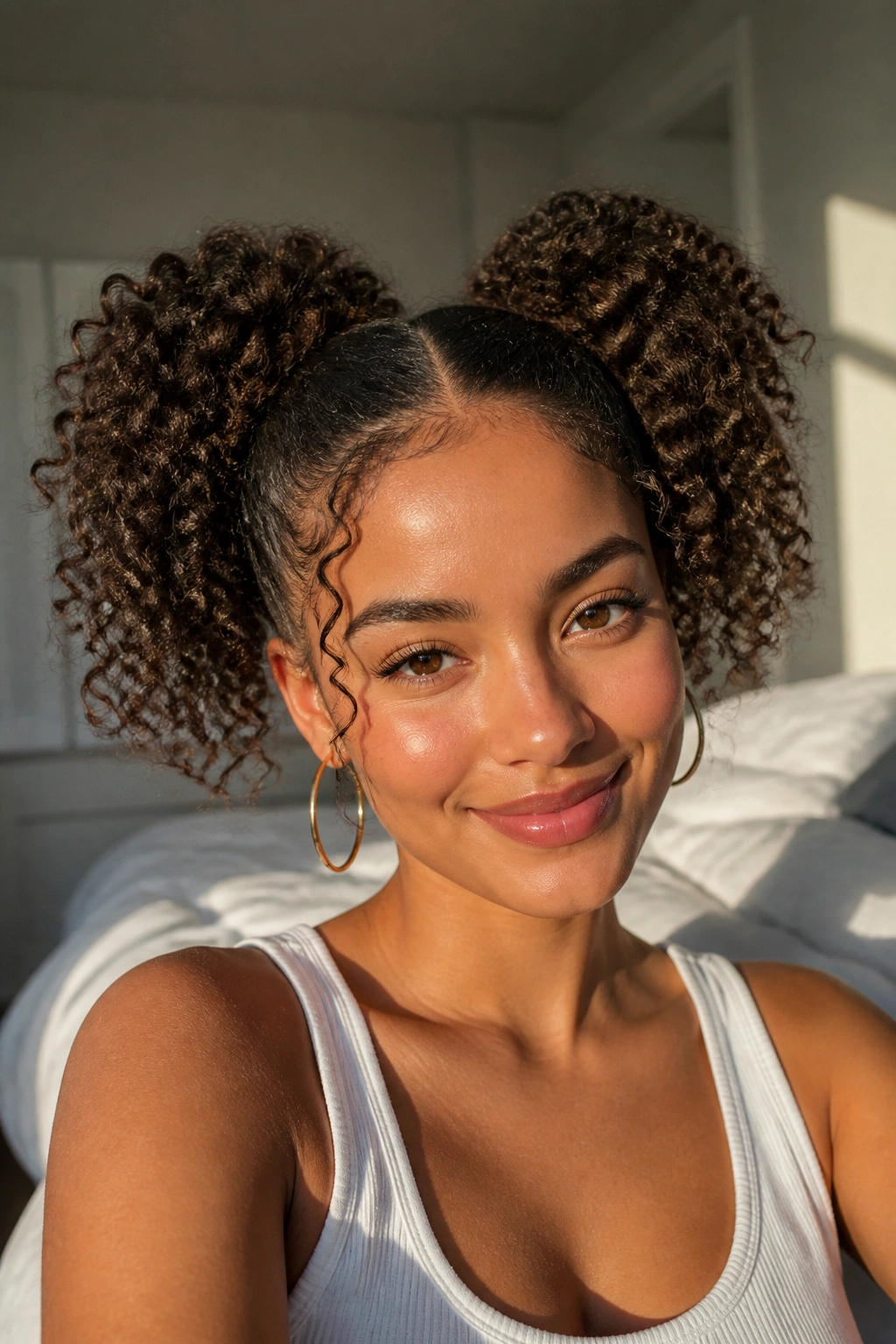 Real person with curly high pigtails under natural light.