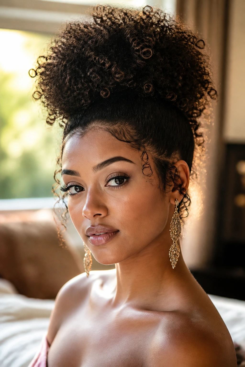Close-up of a real woman with a curly high puff hairstyle.